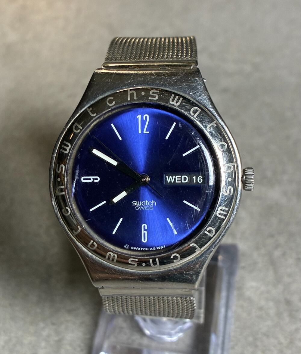 Swatch Irony 1997 Swiss Watch Blue Sunburst Dial Day Date Mesh Bracelet Working